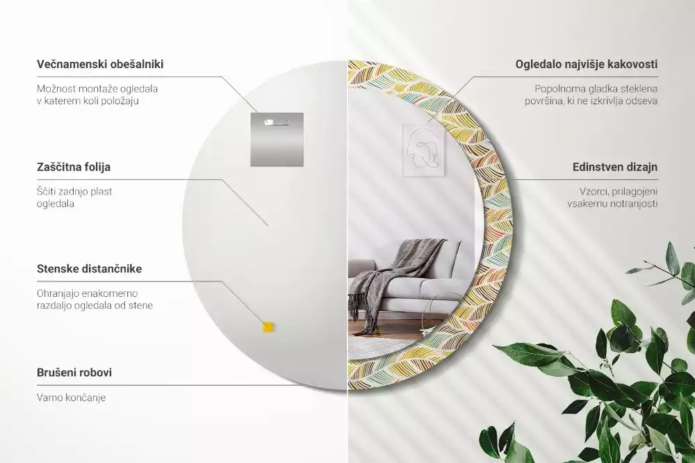 Lustro o okrągłym kształcie z ramką zdobioną nadrukiem w stylu abstrakcyjnym