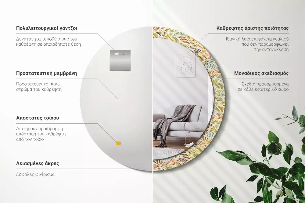 Lustro o okrągłym kształcie z ramką zdobioną nadrukiem w stylu abstrakcyjnym