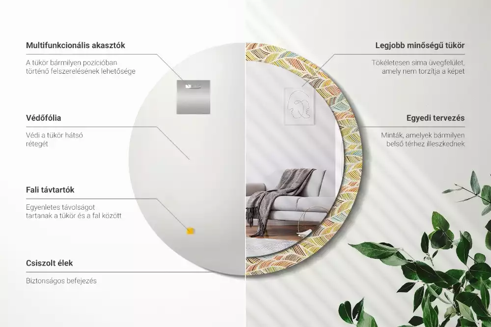 Lustro o okrągłym kształcie z ramką zdobioną nadrukiem w stylu abstrakcyjnym