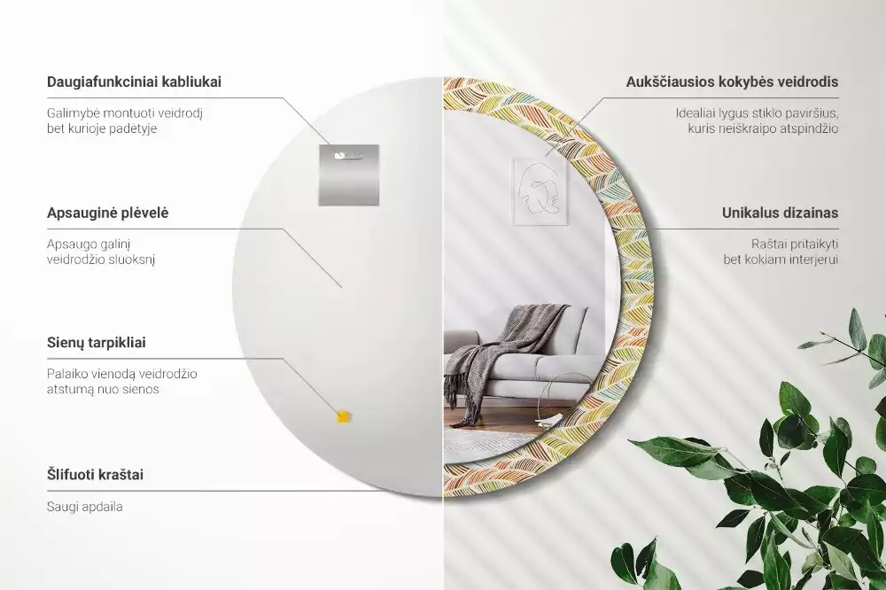 Lustro o okrągłym kształcie z ramką zdobioną nadrukiem w stylu abstrakcyjnym