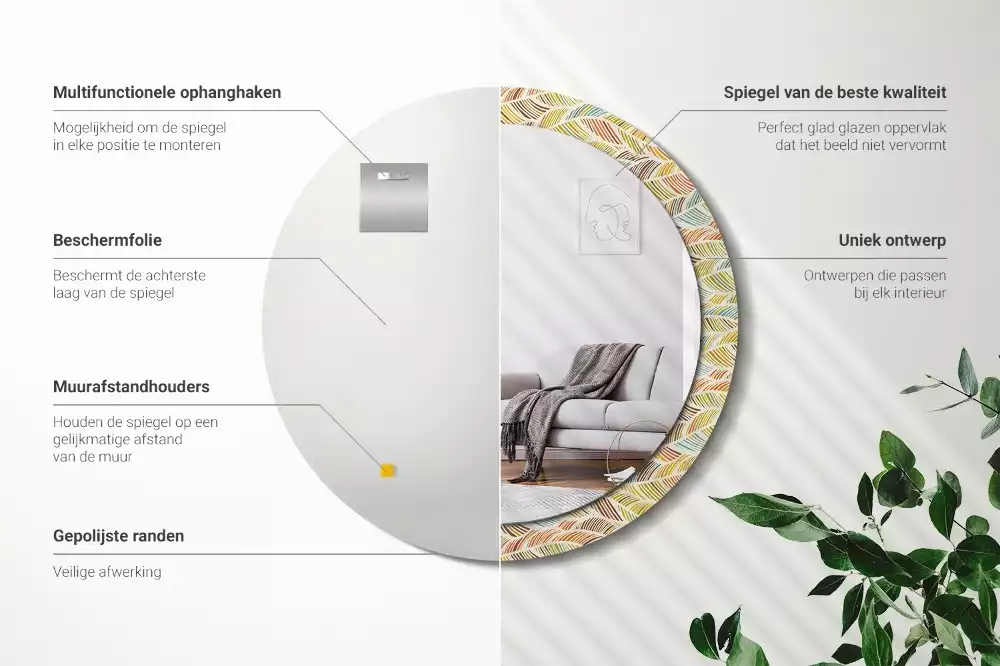 Lustro o okrągłym kształcie z ramką zdobioną nadrukiem w stylu abstrakcyjnym