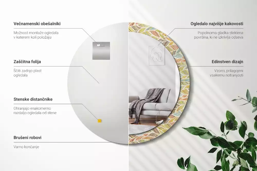 Lustro o okrągłym kształcie z ramką zdobioną nadrukiem w stylu abstrakcyjnym