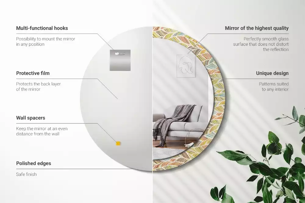 Lustro o okrągłym kształcie z ramką zdobioną nadrukiem w stylu abstrakcyjnym