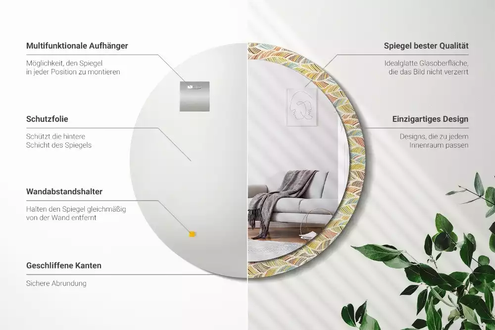 Lustro o okrągłym kształcie z ramką zdobioną nadrukiem w stylu abstrakcyjnym