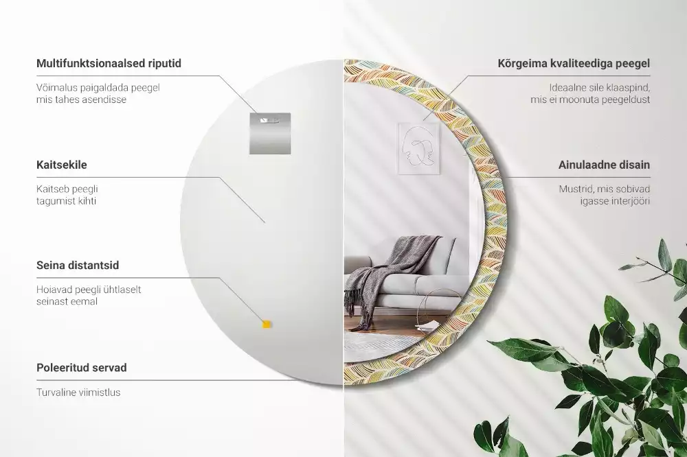 Lustro o okrągłym kształcie z ramką zdobioną nadrukiem w stylu abstrakcyjnym