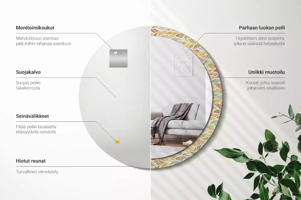 Lustro o okrągłym kształcie z ramką zdobioną nadrukiem w stylu abstrakcyjnym