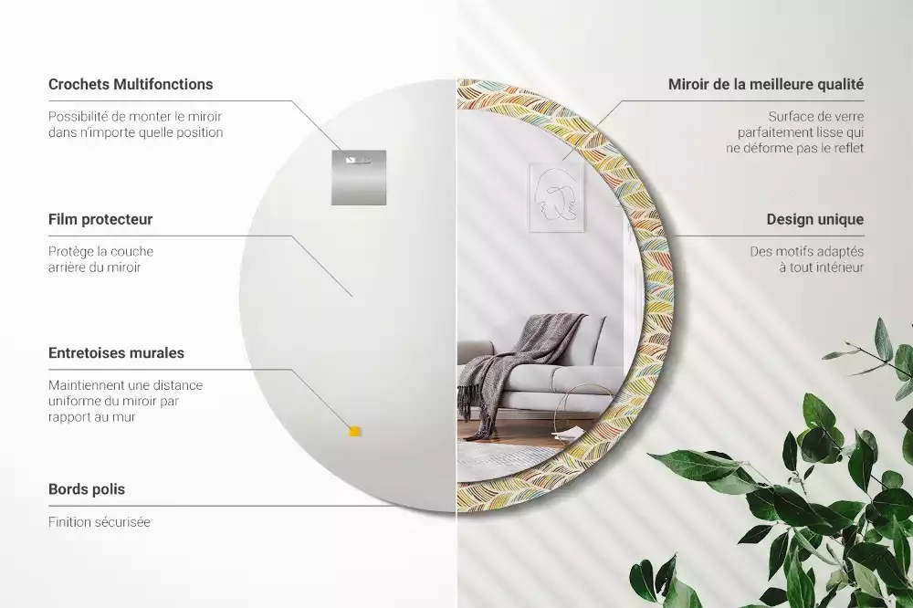 Lustro o okrągłym kształcie z ramką zdobioną nadrukiem w stylu abstrakcyjnym