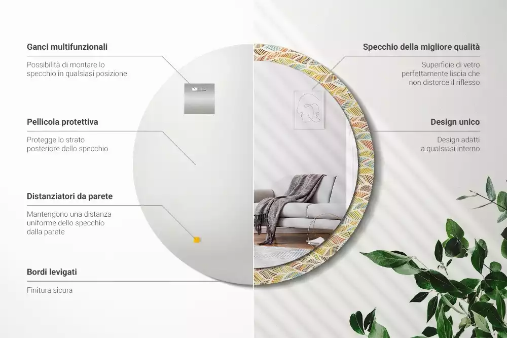 Lustro o okrągłym kształcie z ramką zdobioną nadrukiem w stylu abstrakcyjnym