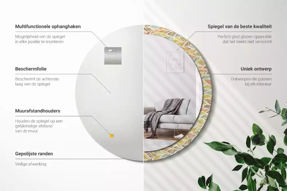 Lustro o okrągłym kształcie z ramką zdobioną nadrukiem w stylu abstrakcyjnym