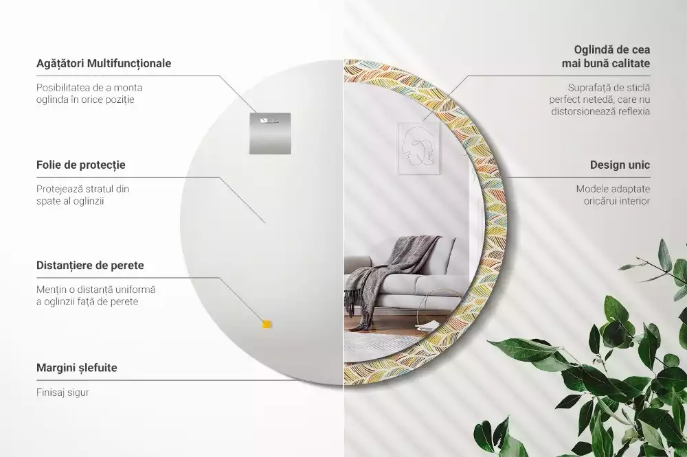 Lustro o okrągłym kształcie z ramką zdobioną nadrukiem w stylu abstrakcyjnym