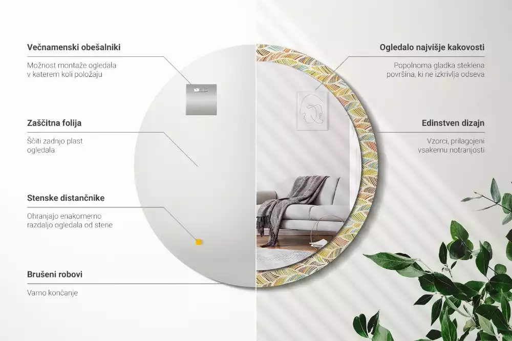 Lustro o okrągłym kształcie z ramką zdobioną nadrukiem w stylu abstrakcyjnym