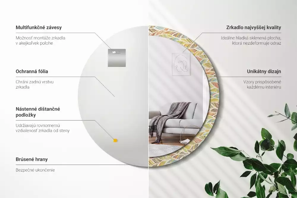 Lustro o okrągłym kształcie z ramką zdobioną nadrukiem w stylu abstrakcyjnym