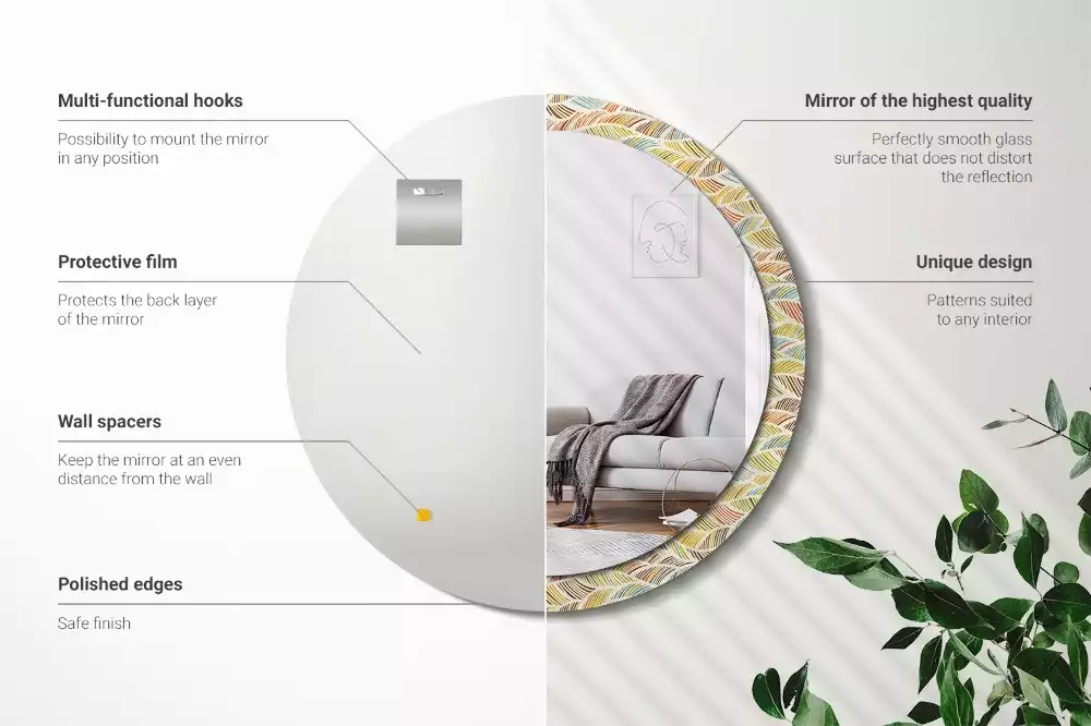 Lustro o okrągłym kształcie z ramką zdobioną nadrukiem w stylu abstrakcyjnym