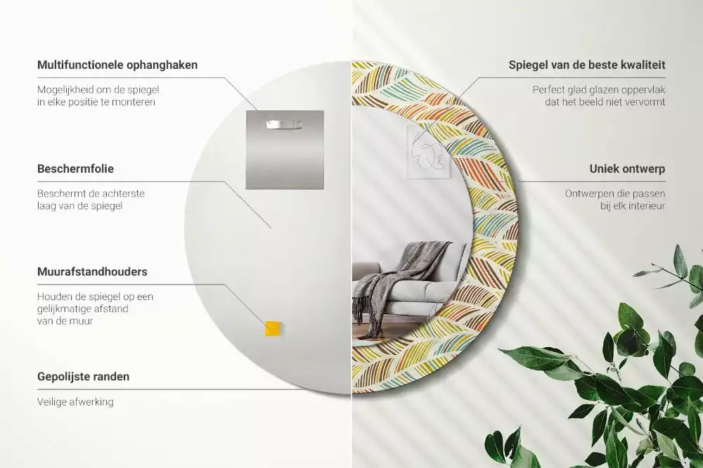 Lustro o okrągłym kształcie z ramką zdobioną nadrukiem w stylu abstrakcyjnym