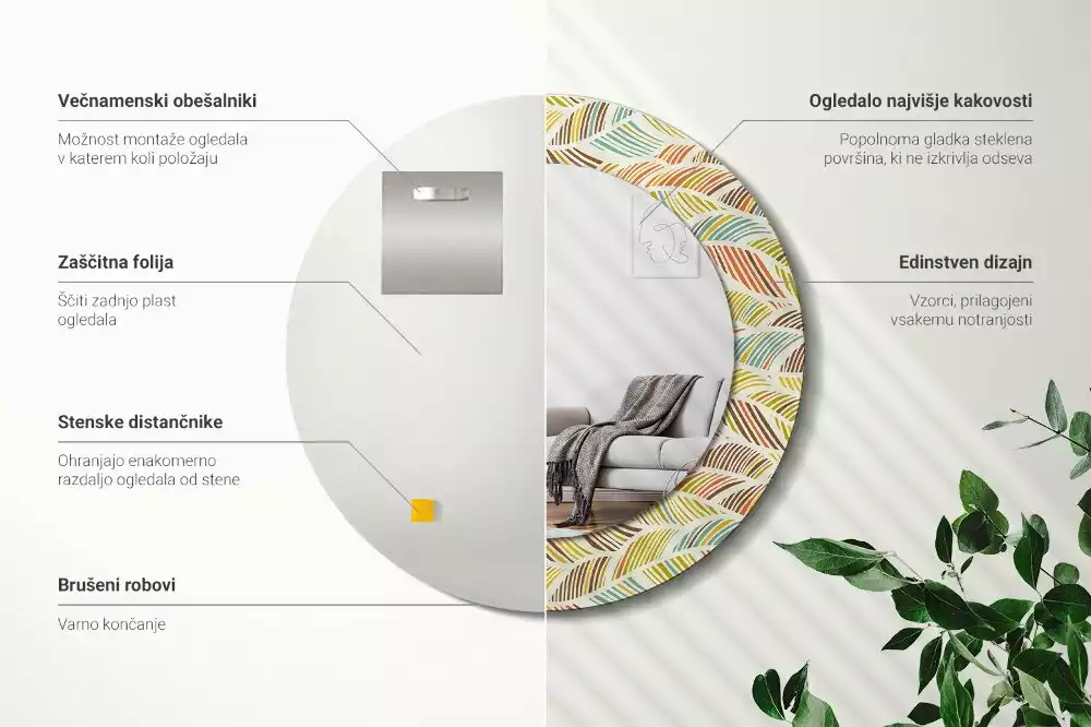 Lustro o okrągłym kształcie z ramką zdobioną nadrukiem w stylu abstrakcyjnym