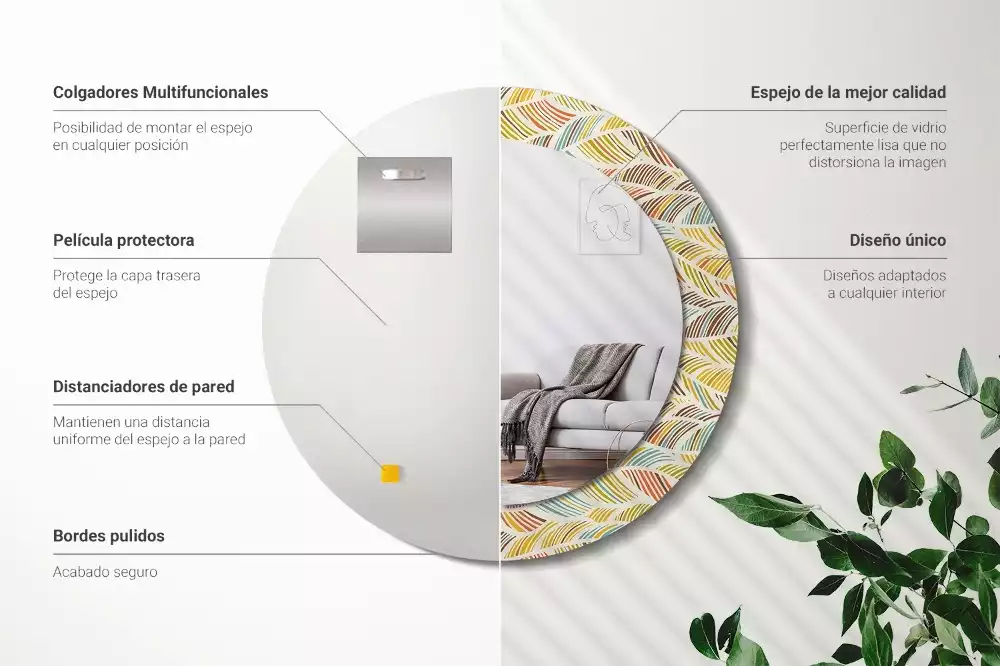 Lustro o okrągłym kształcie z ramką zdobioną nadrukiem w stylu abstrakcyjnym