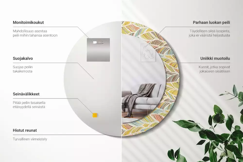 Lustro o okrągłym kształcie z ramką zdobioną nadrukiem w stylu abstrakcyjnym