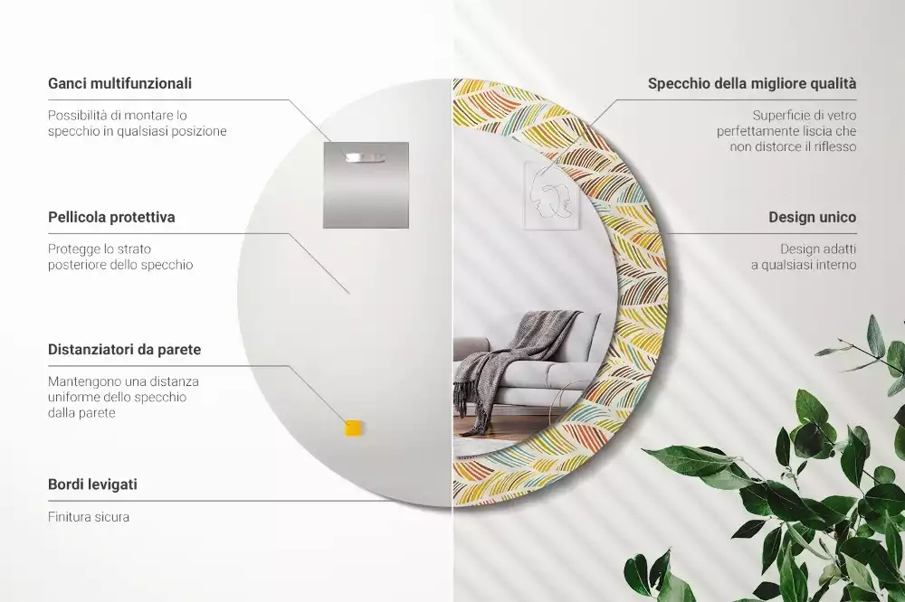 Lustro o okrągłym kształcie z ramką zdobioną nadrukiem w stylu abstrakcyjnym