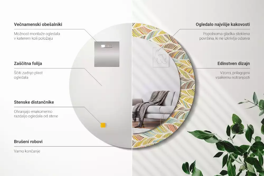 Lustro o okrągłym kształcie z ramką zdobioną nadrukiem w stylu abstrakcyjnym