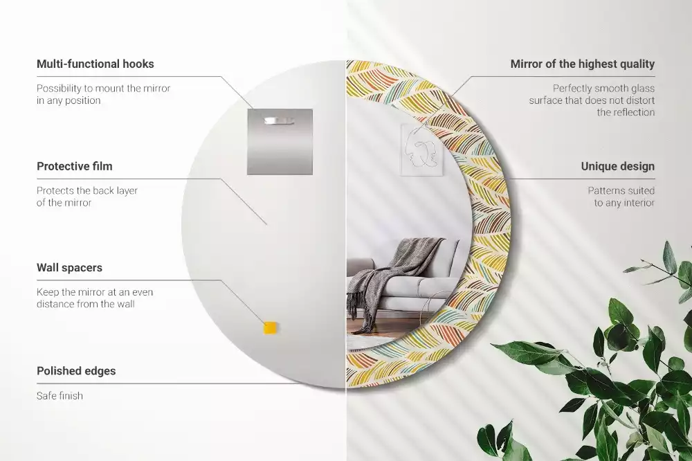 Lustro o okrągłym kształcie z ramką zdobioną nadrukiem w stylu abstrakcyjnym