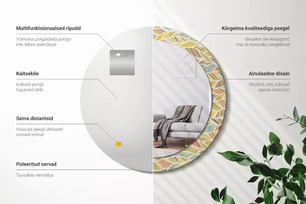 Lustro o okrągłym kształcie z ramką zdobioną nadrukiem w stylu abstrakcyjnym