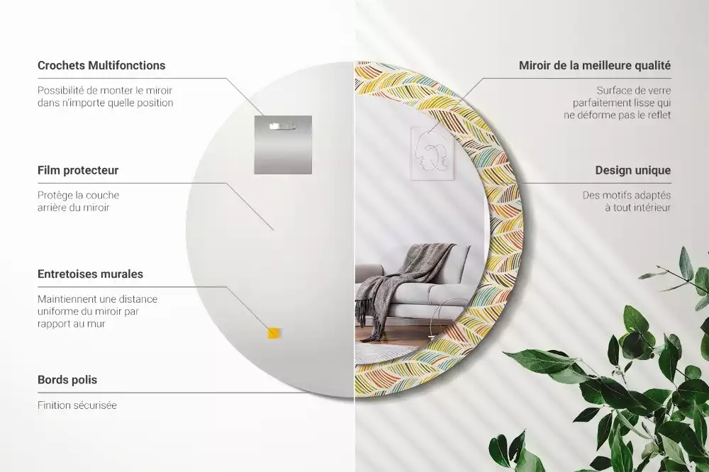 Lustro o okrągłym kształcie z ramką zdobioną nadrukiem w stylu abstrakcyjnym