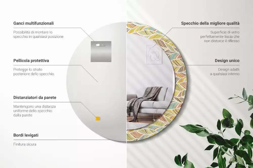 Lustro o okrągłym kształcie z ramką zdobioną nadrukiem w stylu abstrakcyjnym