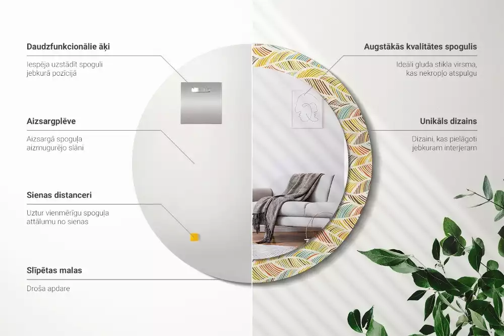 Lustro o okrągłym kształcie z ramką zdobioną nadrukiem w stylu abstrakcyjnym