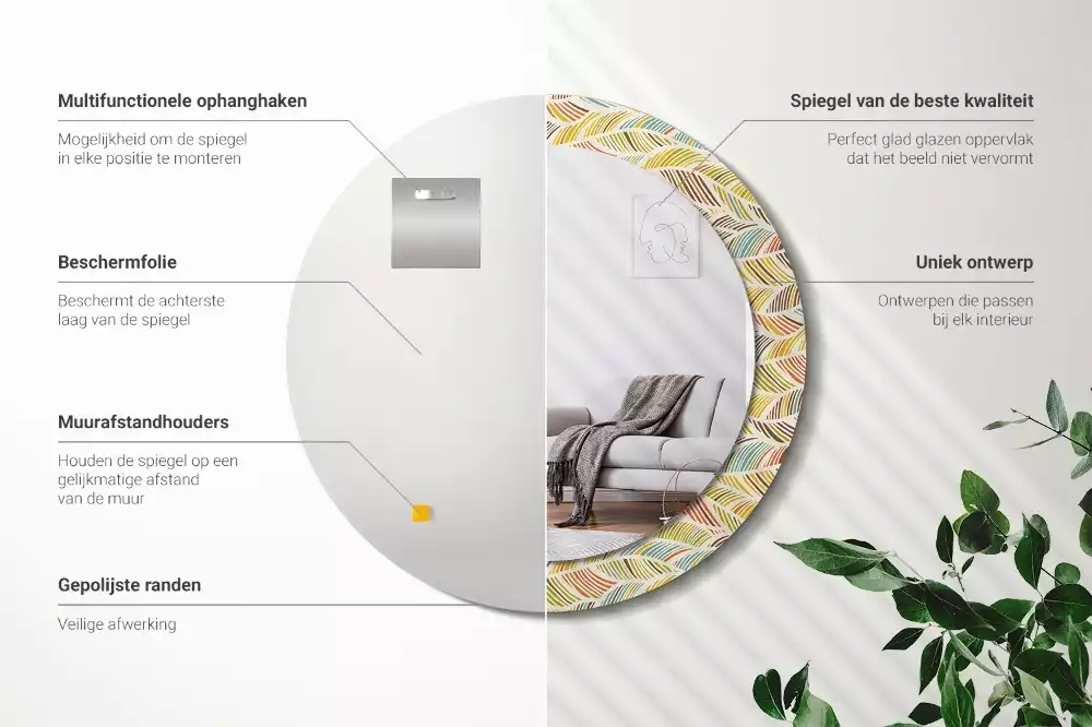 Lustro o okrągłym kształcie z ramką zdobioną nadrukiem w stylu abstrakcyjnym