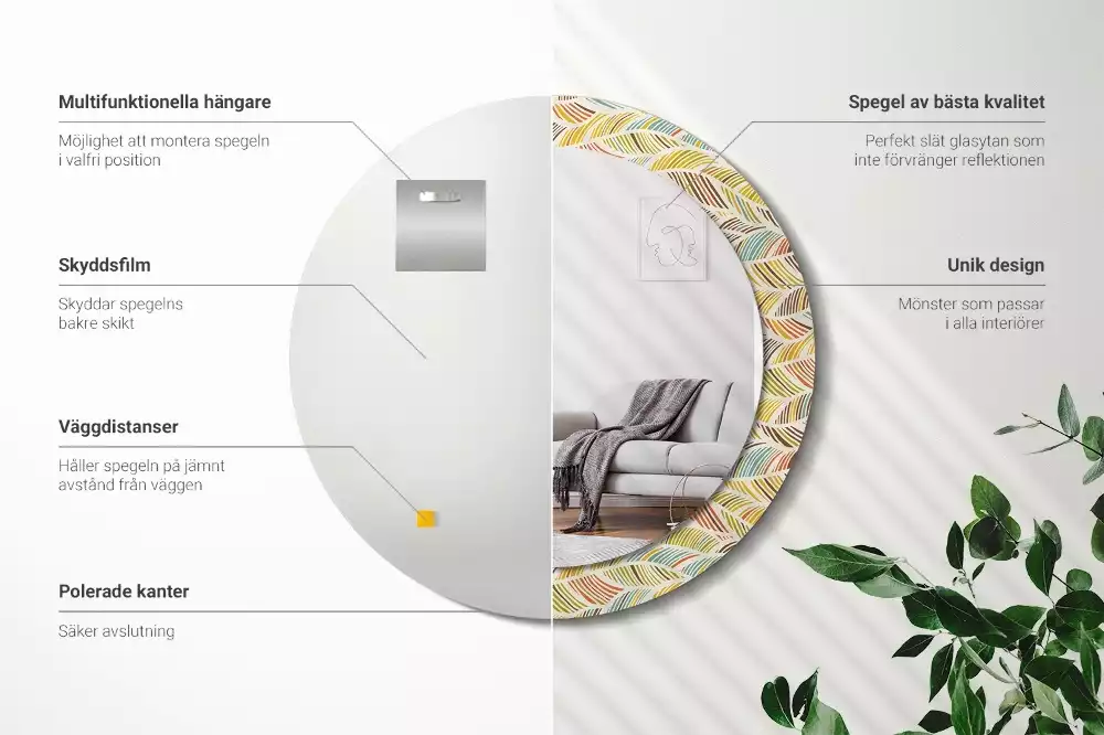 Lustro o okrągłym kształcie z ramką zdobioną nadrukiem w stylu abstrakcyjnym