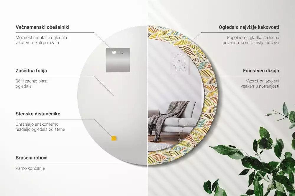 Lustro o okrągłym kształcie z ramką zdobioną nadrukiem w stylu abstrakcyjnym