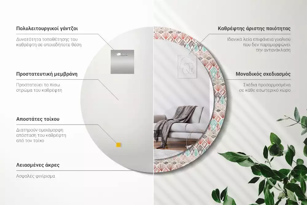 Lustro z nadrukowaną ramką o okrągłym kształcie z motywem etnicznym