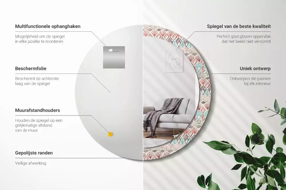 Lustro z nadrukowaną ramką o okrągłym kształcie z motywem etnicznym