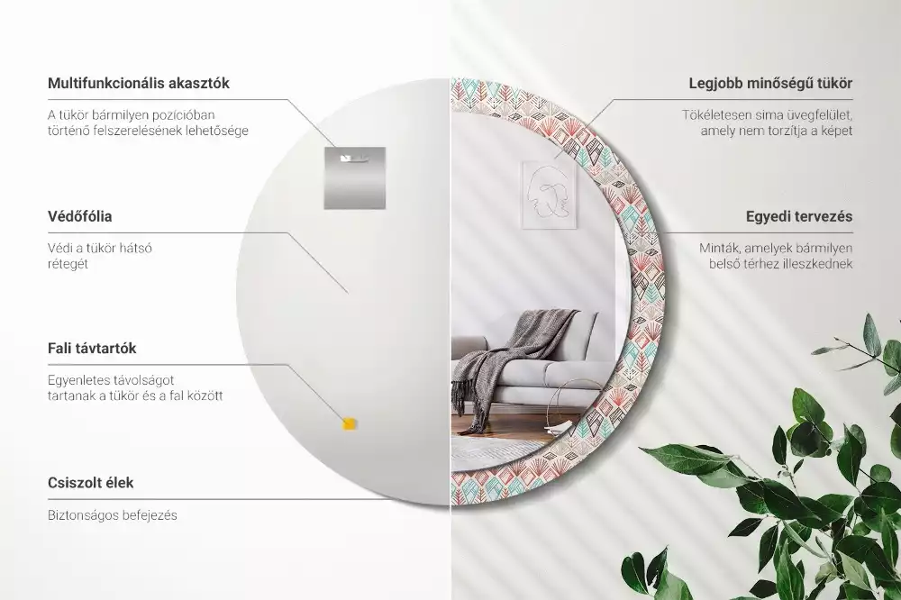 Lustro z nadrukowaną ramką o okrągłym kształcie z motywem etnicznym