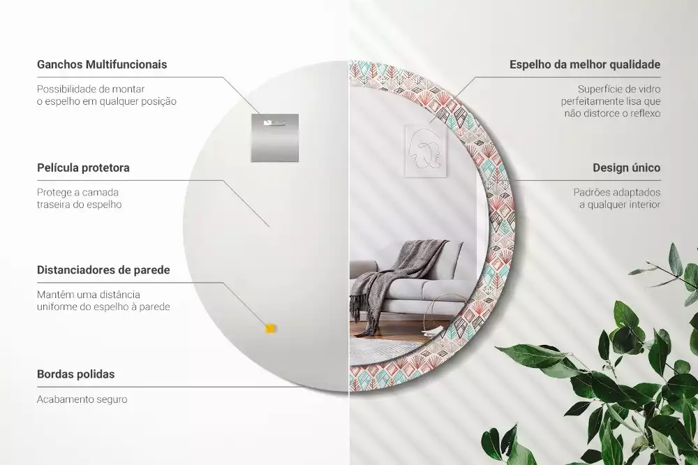 Lustro z nadrukowaną ramką o okrągłym kształcie z motywem etnicznym