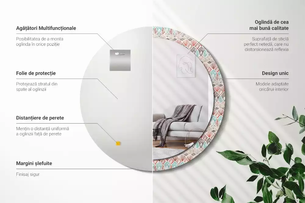 Lustro z nadrukowaną ramką o okrągłym kształcie z motywem etnicznym