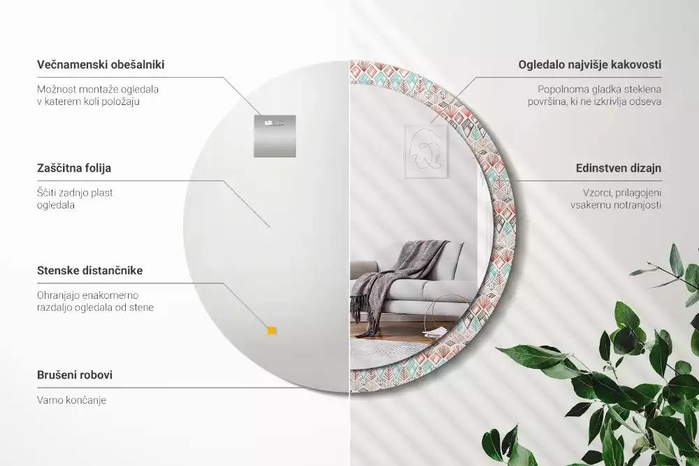 Lustro z nadrukowaną ramką o okrągłym kształcie z motywem etnicznym