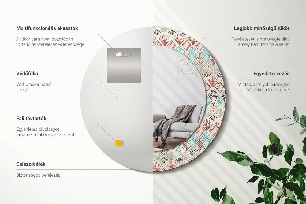 Lustro z nadrukowaną ramką o okrągłym kształcie z motywem etnicznym