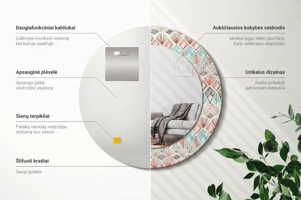 Lustro z nadrukowaną ramką o okrągłym kształcie z motywem etnicznym