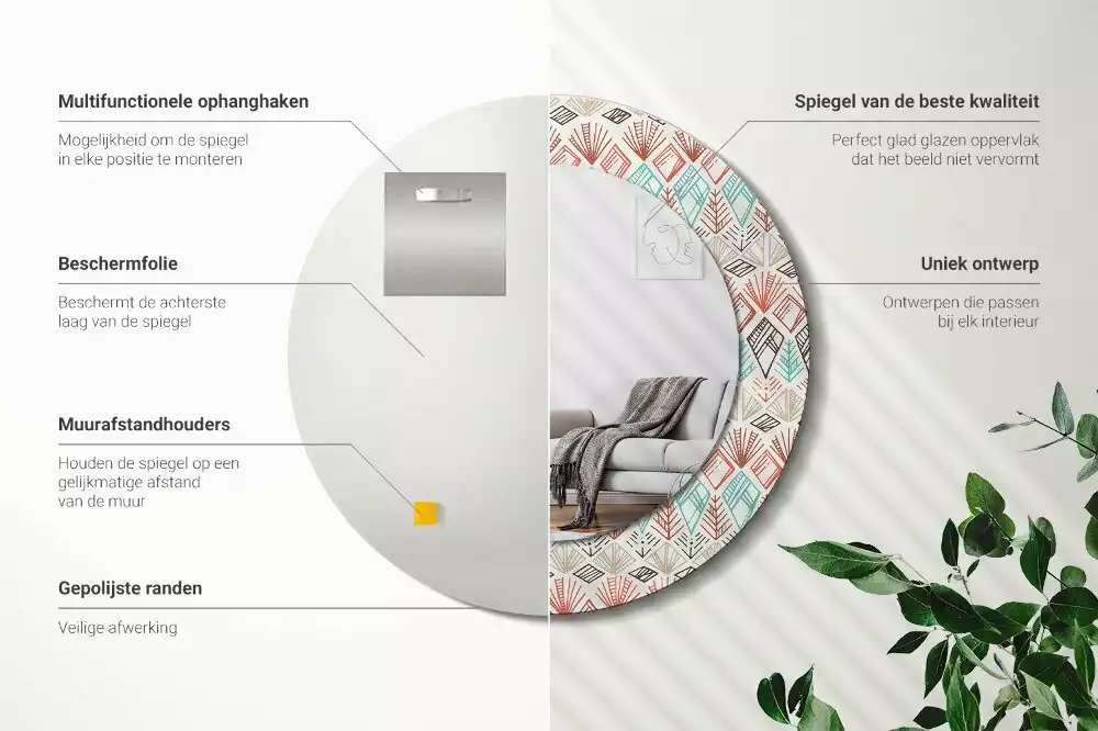 Lustro z nadrukowaną ramką o okrągłym kształcie z motywem etnicznym