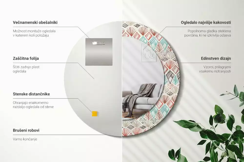 Lustro z nadrukowaną ramką o okrągłym kształcie z motywem etnicznym