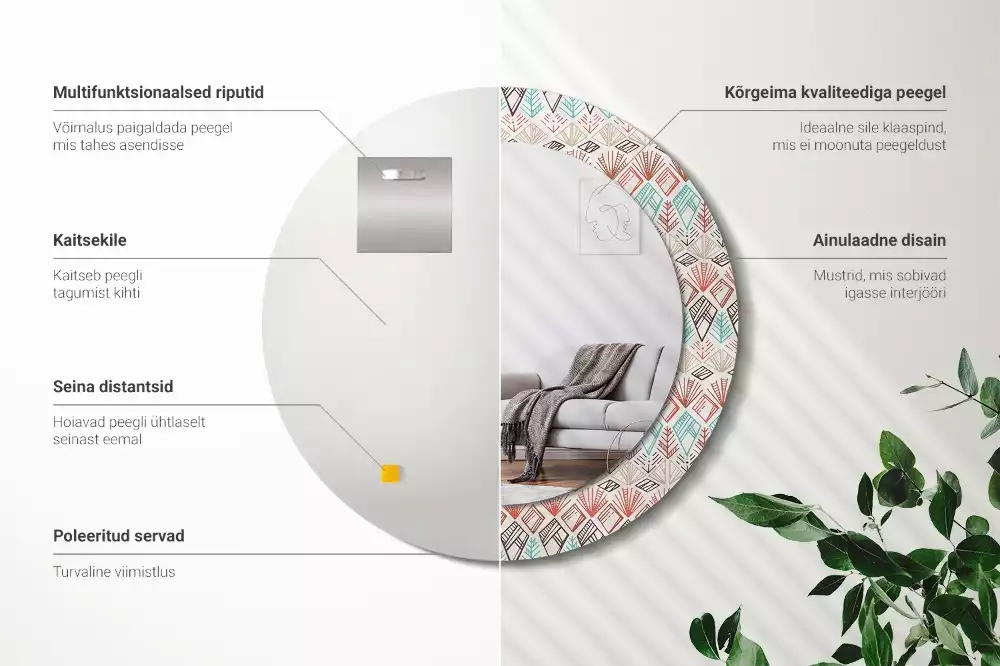 Lustro z nadrukowaną ramką o okrągłym kształcie z motywem etnicznym