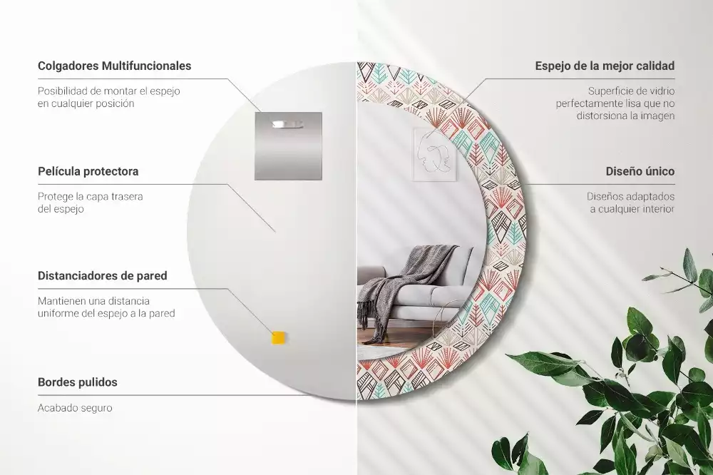 Lustro z nadrukowaną ramką o okrągłym kształcie z motywem etnicznym