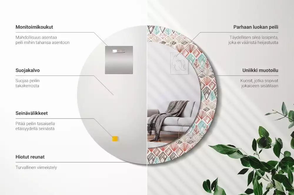 Lustro z nadrukowaną ramką o okrągłym kształcie z motywem etnicznym