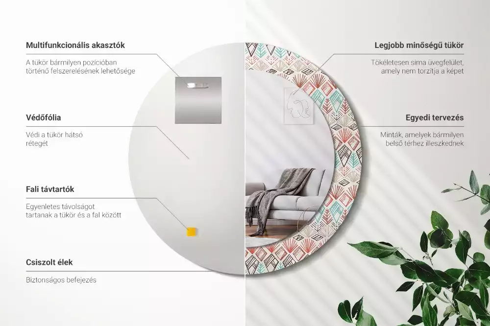 Lustro z nadrukowaną ramką o okrągłym kształcie z motywem etnicznym