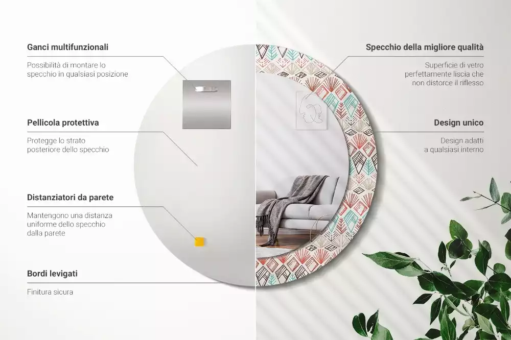 Lustro z nadrukowaną ramką o okrągłym kształcie z motywem etnicznym