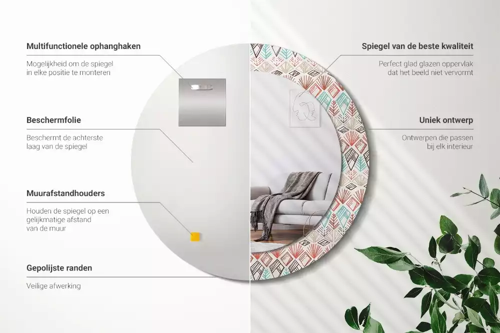 Lustro z nadrukowaną ramką o okrągłym kształcie z motywem etnicznym