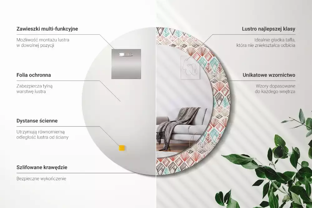 Lustro z nadrukowaną ramką o okrągłym kształcie z motywem etnicznym