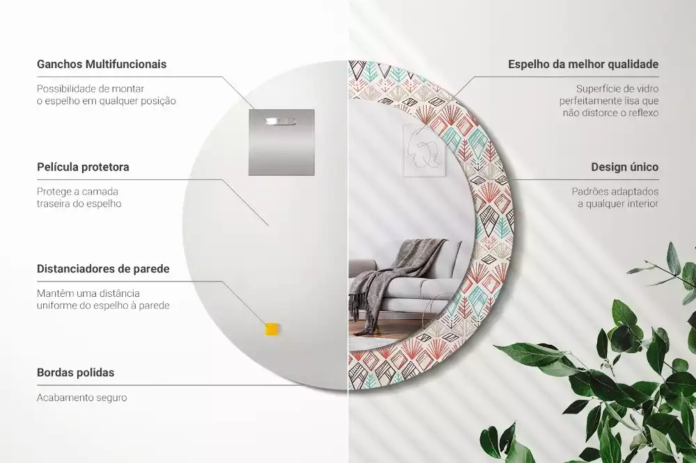 Lustro z nadrukowaną ramką o okrągłym kształcie z motywem etnicznym