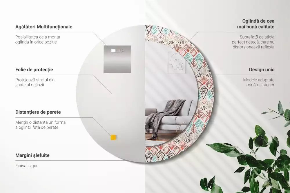 Lustro z nadrukowaną ramką o okrągłym kształcie z motywem etnicznym